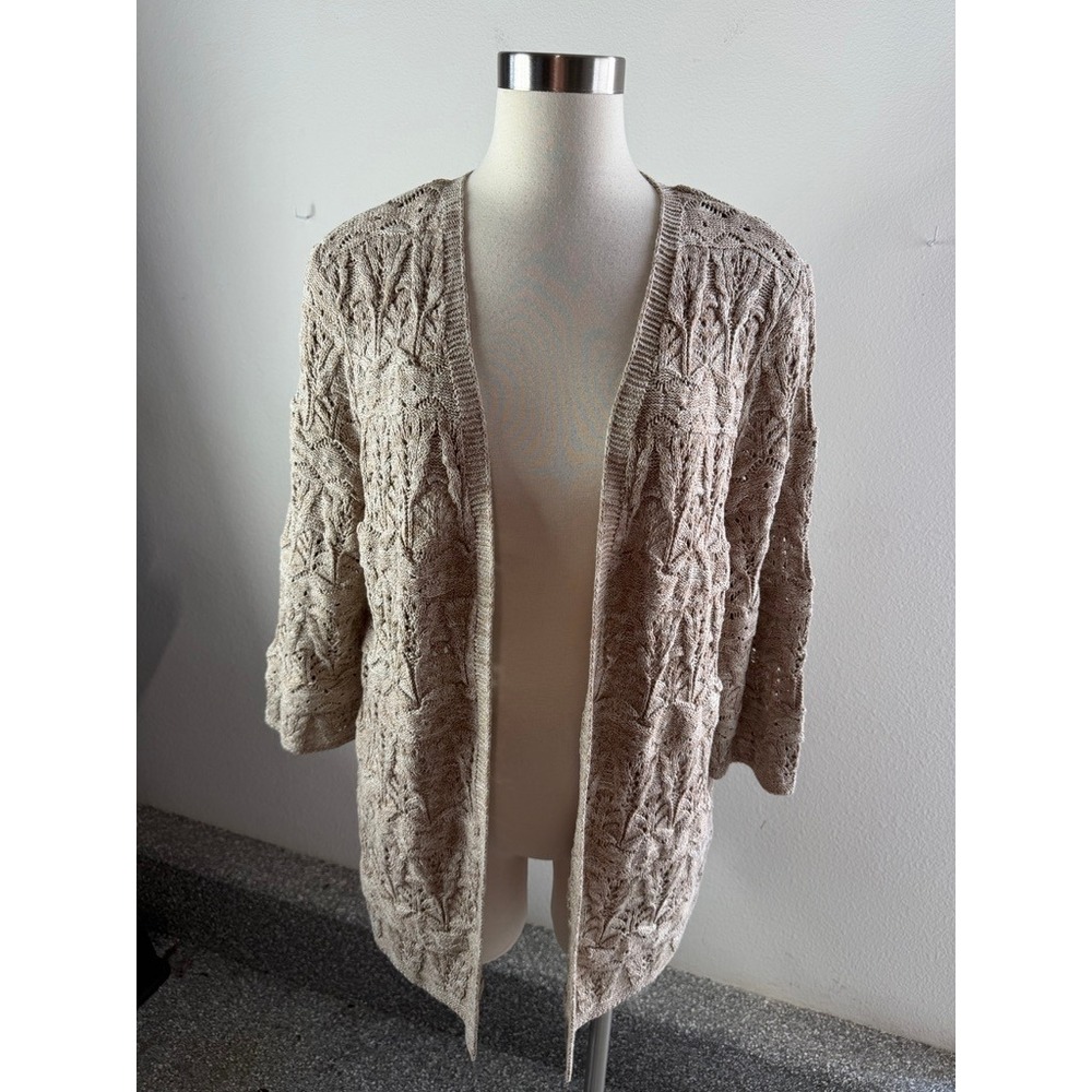 NEW J Jill Womens Petite Large Open Knit Cardigan Sweater Bamboo MLT Tan